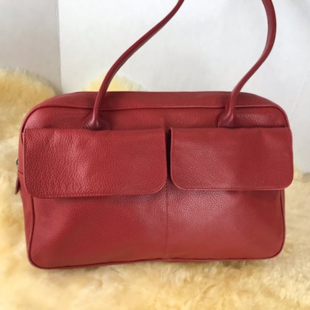 longchamps red pebbled leather satchel bag